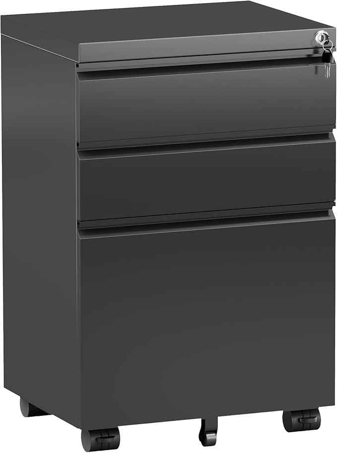 Bonusall 3 Drawer File Cabinet with Lock, Small Under Desk Filing Cabinet for Home Office, Fully Assembled Metal Rolling Storage Fits A4/Letter/Legal, Black