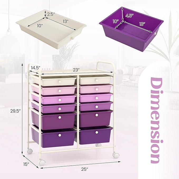 Moccha 12-Drawer Rolling Storage Cart - Utility Cart on Wheels with Lockable Casters for Craft Art Supply Paper Salon, Mobile Drawer Carts for Classroom Teacher School Office (Gradient Purple)