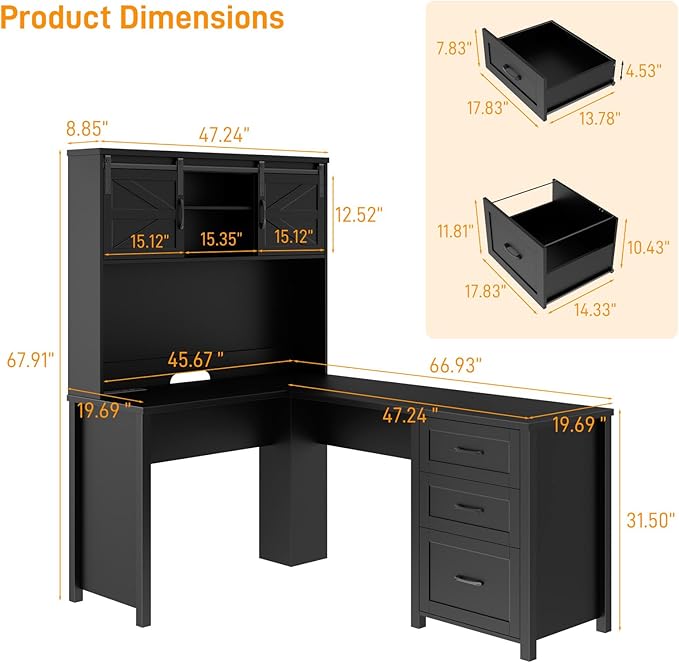 Vabches Farmhouse 68" H L Shaped Desk with Hutch,Office Table with 3 Drawers and Sliding Doors, Executive Desk with File Drawers and Charging Station, Wood Workstation for Home Office and Study