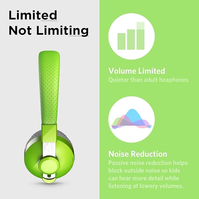 LilGadgets Kids Headphones with Microphone - Green, Ages 4+, On-Ear - Bluetooth Headphones for Kids - Volume-Limited 93dB & SharePort Audio Sharing - SoftTouch Ear Cushions