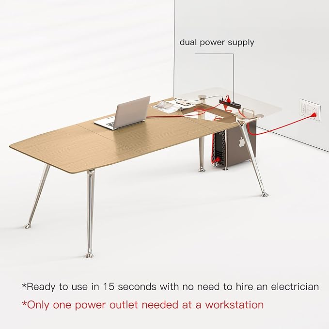 71-Inch Executive Desk, Computer Office Desk Workstation with Chrome-Plated Legs and Built-in Power Outlet, Writing Table Business Furniture, Modern Minimalist Style for Home Office, Light Brown