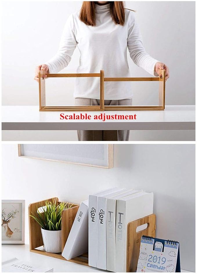 Bamboo Desktop Bookshelf Adjustable Storage Organizer Display Shelf Rack,Countertop Platforms, Book Stands Shelves