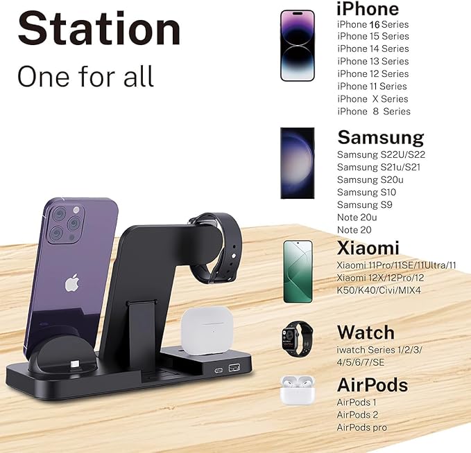 6-in-1 Fast Wireless Charging Station for iPhone 16/15/14/13, Apple Watch Ultra/9/8, AirPods Pro,18W Qi-Certified (B21A-C-BLACK)
