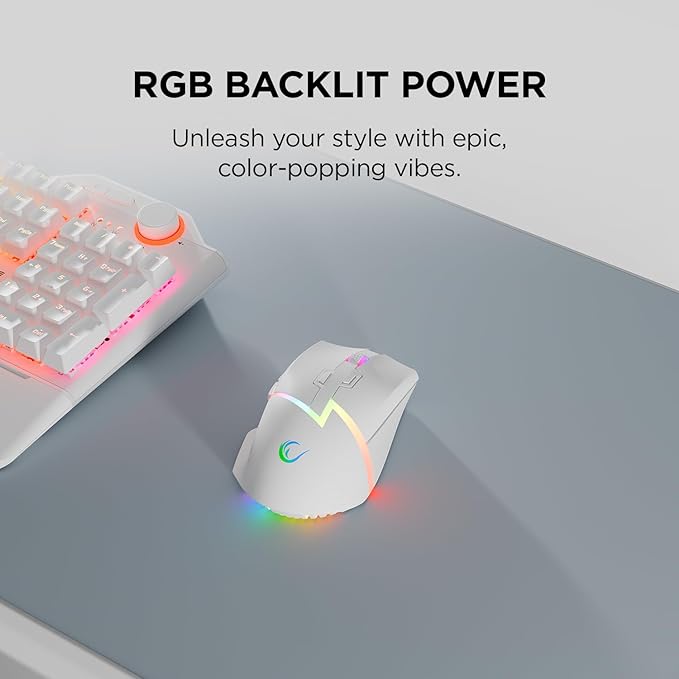Rampage Drop M3 White Wireless Gaming Mouse – 10,000 DPI RGB Backlit, Wired/Wireless Dual Mode, 2.4GHz USB Receiver, USB-C Rechargeable, 8D Macro Buttons, Ergonomic Mouse Gamer