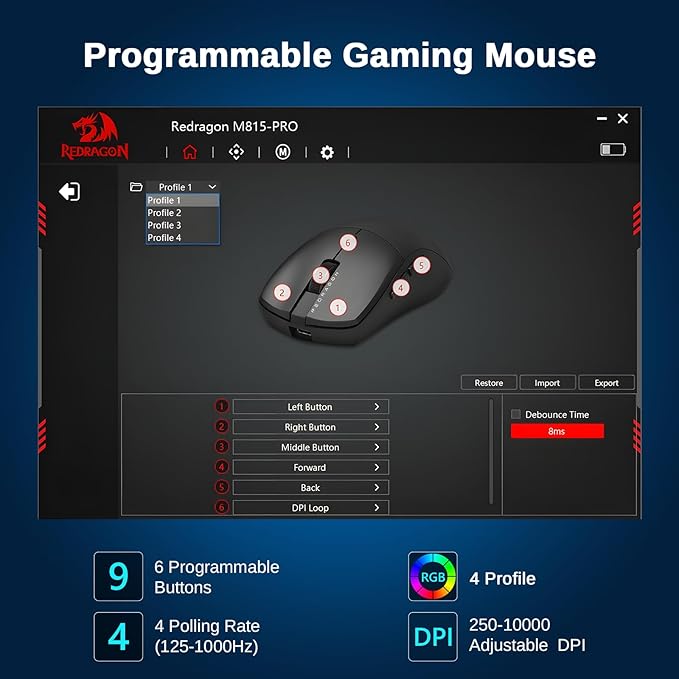 Redragon 3-Mode Wireless Gaming Mouse, Ultra-Light 26K DPI Gaming Mouse, Full Programmable Buttons, Software Supports DIY Keybinds & Adjustable DPI, M815PRO