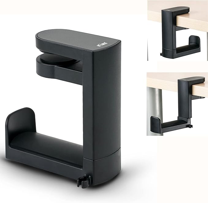 KIWIFOTOS Headphone Stand Holder Under Desk, PC Gaming Headset Hook Hanger Mount with 360 Adjustable Rotating Arm Clamp & Built in Cable Clip - Black