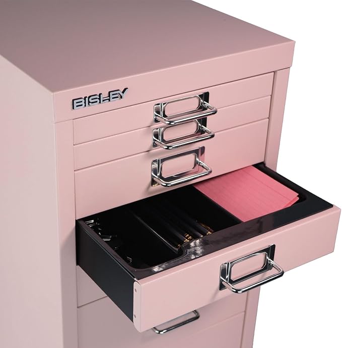 Bisley 8-Drawer Steel MultiDrawer Cabinet - Palest Pink, Chrome Pull Handles with Label Holders, Powder-Coated Steel, Removable Drawers, Fits Under Most Desks, Labels Included