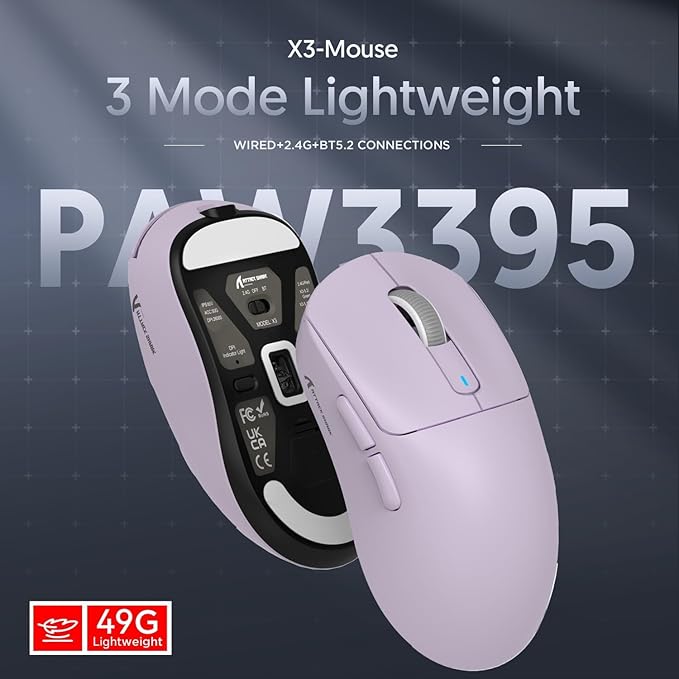 MAMBASNAKE Attack Shark X3 Wireless Gaming Mouse, 49g Ultralight, PixArt PAW3395 26000 DPI, Bluetooth/2.4Ghz /Wired Tri-Mode, 200Hrs Rechargeable Battery, Kailh GM8.0 Switch for PC/MAC/Win - Purple
