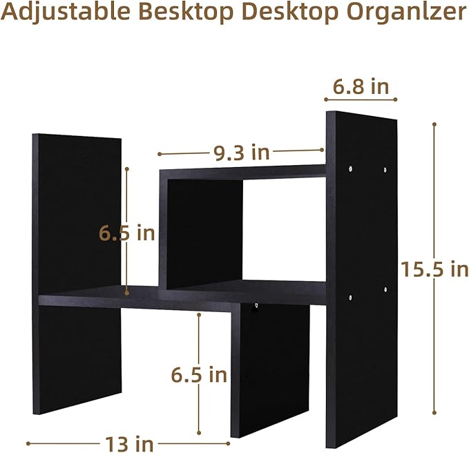 TY ARTS & CULTURE - Expandable Wood Desktop Storage Organizer Multipurpose Desk Bookshelf Case Display Shelf Rack Counter Top Bookcase for Office Home | Black