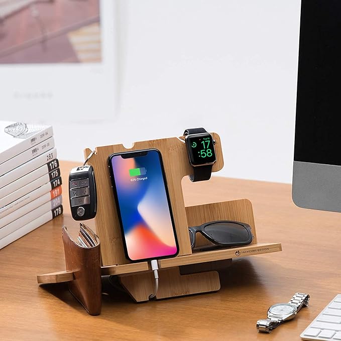JackCubeDesign Wood Docking Station Nightstand Organizer Key Holder Wallet Stand Watch Gift Anniversary for Men Dad Father Birthday Graduation Gadgets Compatible with iPhone iWatch AirPods - MK242A