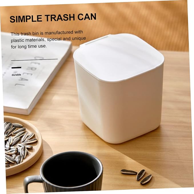 OUNONA Mini Kitchen Trash Can Lid Slim Desktop Trash Bin Plastic White for Kitchen Office