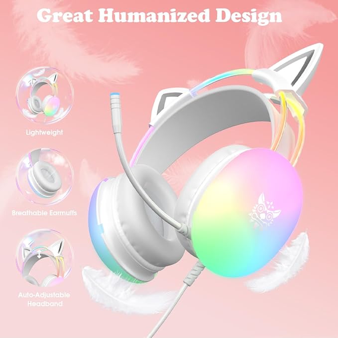 Cat Ear Gaming Headset with Mic, RGB Rainbow Lighting, Surround Sound, 3.5mm Wired Over-Ear Headphones for PC/Switch/Laptop, Lightweight and Adjustable Headband