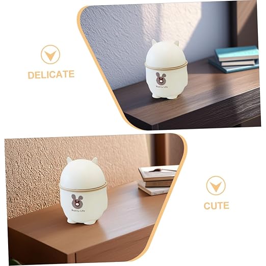 Uonlytech Cute Mini Desktop Trash Can with Lid Slim Plastic Waste Bin for Office Kitchen and Bathroom Cartoon Design White Color 5L Capacity