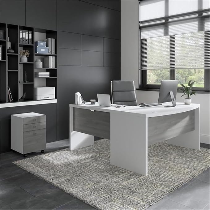 Bush Business Furniture Echo L Shaped Bow Front Desk with Mobile File Cabinet in Pure White and Modern Gray