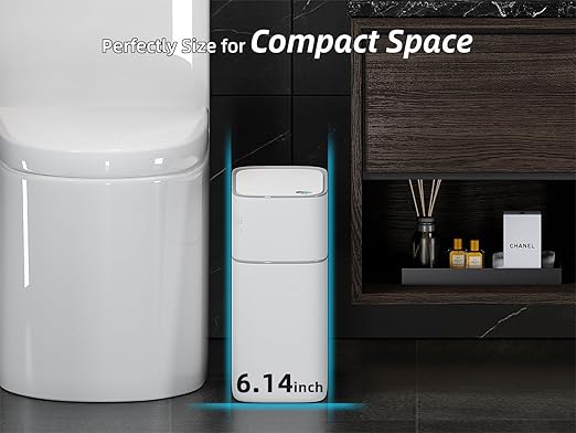 MOPALL Small Bathroom Trash Cans with Lids,Motion Sensor Bathroom Trash Can,Narrow Waterproof Plastic 3.5 Gallon Automatic Adsorption Touchless Garbage Can,White