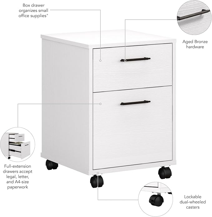 Bush Furniture Key West Rolling File Cabinet,File Cart for Home Office in Pure White Oak,2 Drawer File Cabinet on Wheels