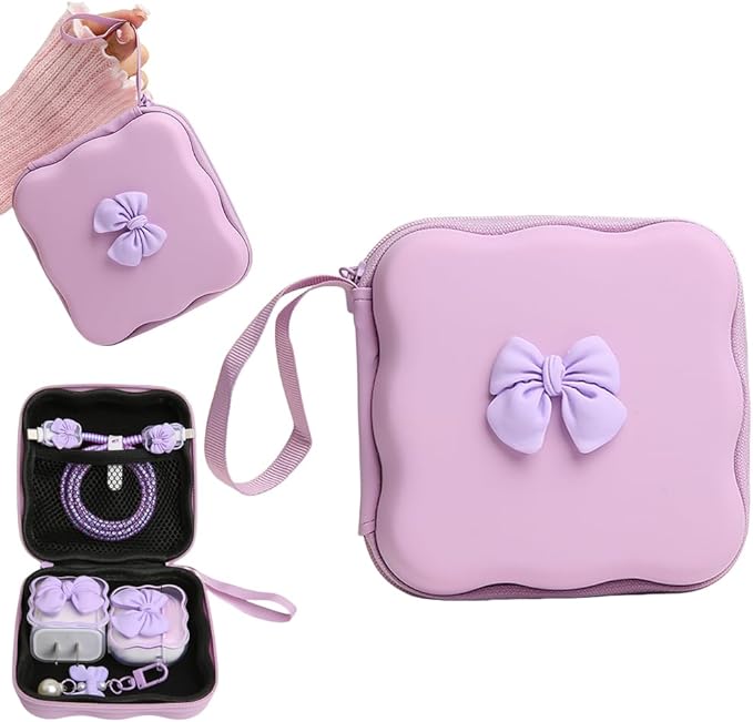 Charger Cover Storage Bag, Cute 3D Bow Tie Waves Design Charger Protector Travel Storage Case, Earphone Wire Saver Cable Cord Organizer Wireless Earphone Storage Box, Purple Bow