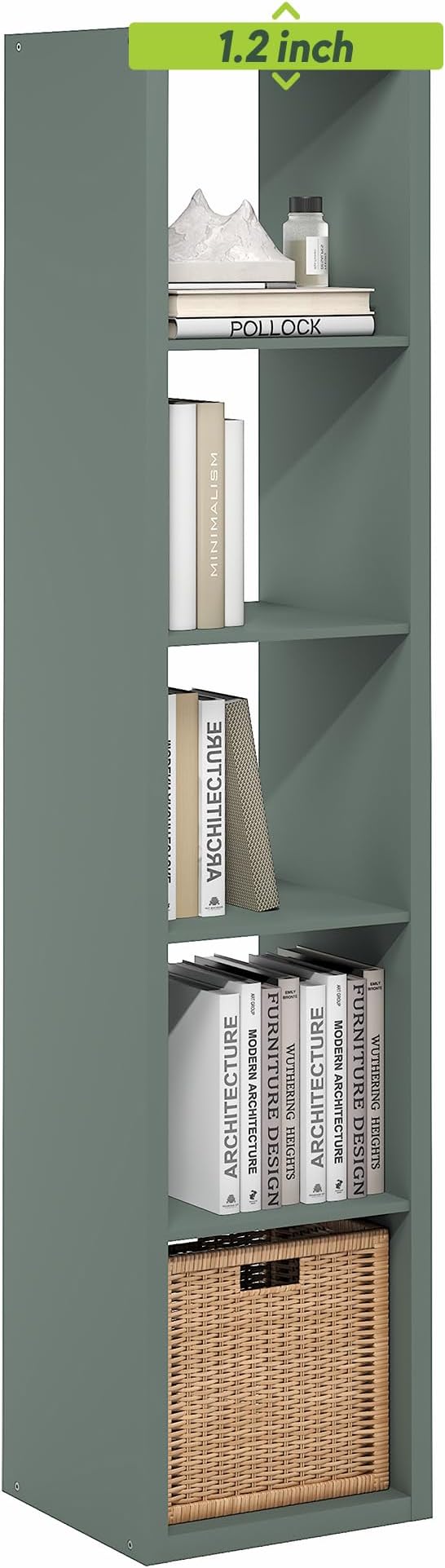 Furinno Cubicle Book Shelf, Vertical 5-Cube Bookshelf, Extra Thick Horizontally & Vertically Reversible Bookcase with Open Back, 14.6" x 16" x 72", for Living Room, Bedroom, Home Office, Sage Green