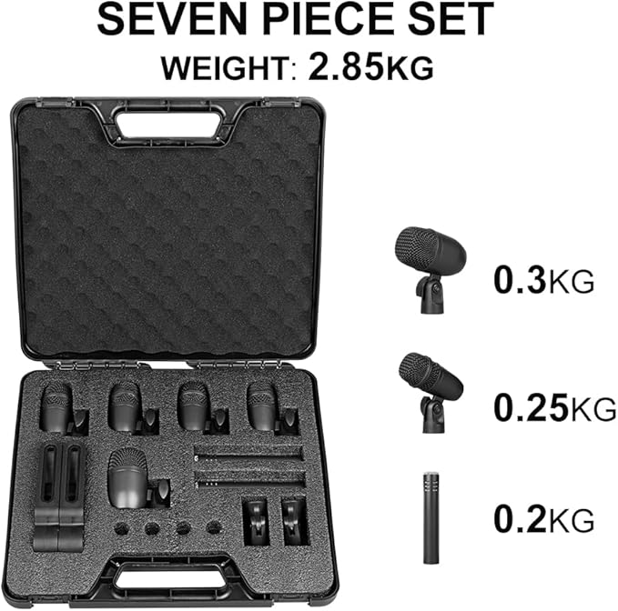 Depusheng 7-Piece Drum Microphone Set with 5 Dynamic Percussion Microphones and 2 Condenser Percussion Microphones Ideal for Instrument Recording and Music Production