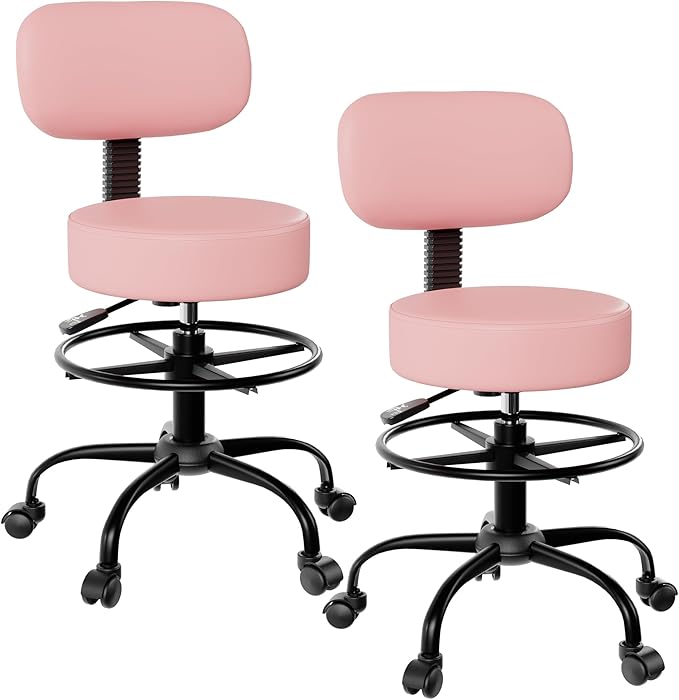 Drafting Chair with Back Support, Adjustable Foot Rest Rolling Stool, 360° Swivel Office Desk Chair with Wheels, Thick Seat Cushion for Home Bar Salon Tattoo Shop (2, Pink)