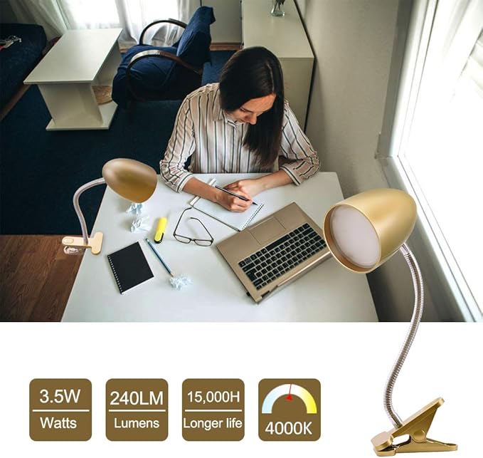 E ENERGETIC LIGHTING Clip on Light for Bed, Non-Dimmable Clip on Reading Light for Bed, 4000K Cool White, 3.5W 240 LM Desk lamp with clamp, Eye Protection, ETL Listed, Gold