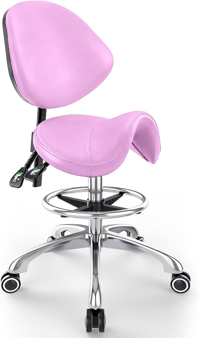 Saddle Chair with Back Support - Tilted Backrest, Adjustable Foot Rest, 350 LBS Capacity Ergonomic, 360° Swivel Drafting Chair for Salon, Spa, Massage, Tattoo, Facial lash, Home,（Macaron Purple）