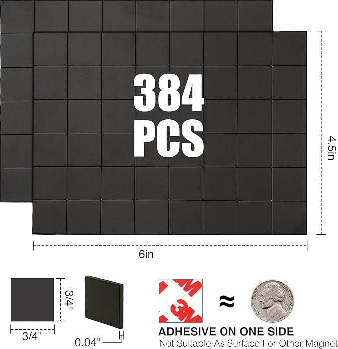 Magnetic Squares Pieces with Adhesive Backing(Each 3/4" x 3/4"),Self Sticky Magnets for Classroom Activities,Peel and Stick for Cards/Picture/Poster (40mil Magnet 384PCS)