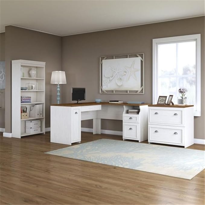 Pemberly Row 3 Piece Office Set, Antique White Finish, Laminate Over Engineered Wood, Includes L Shaped Desk, Bookcase, Lateral File Cabinet, Space-Saving Home Office Furniture