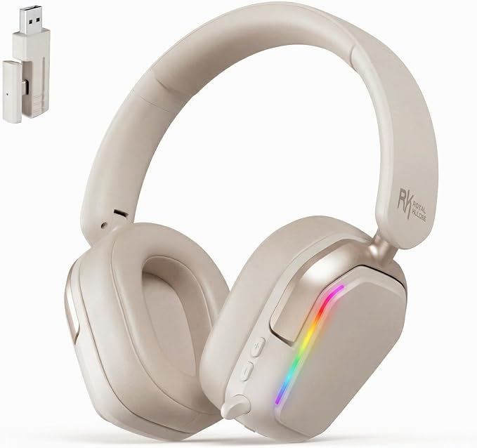 RK Royal Kludge HG101 Wireless Gaming Headset, 7.1 Surround Sound, Stereo Wired Headphones with Retractable Mic, Bluetooth5.3, RGB, Memory Foam Ear Pads, Works with PC, PS4, PS5, Switch, Platinum Grey