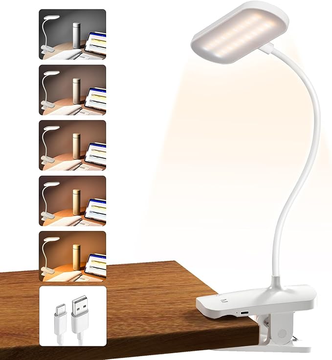 Desk Lamp Battery Operated, Clip on USB Rechargeable Reading Light for Headboard with Large Clamp, 25 Models Adjustable Cordless Touch Light for Bed Frame Bunk Dorm Table Bedside (White)