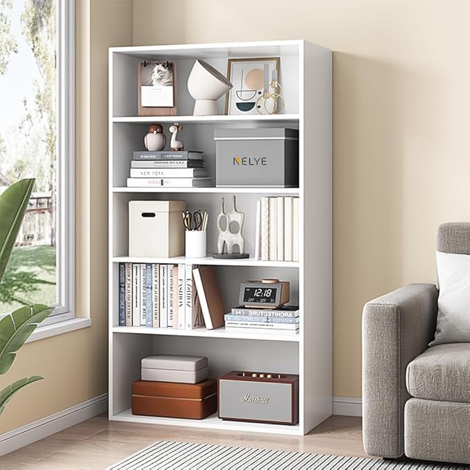 NELYE Basic Open Shelf Bookcase - 5-Tier Wooden Cube Storage Shelves Split Bookshelf, White