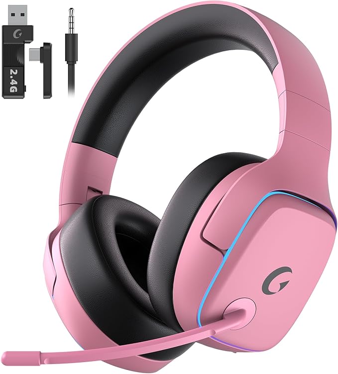 Gvyugke 2.4GHz Wireless Gaming Headsets for PS5, PS4, PC, Switch - Bluetooth 5.3 Gaming Headphones with Noise Canceling Mic, 7.1 Surround Sound, 70H Battery, Blue Lighting - Blush Pink