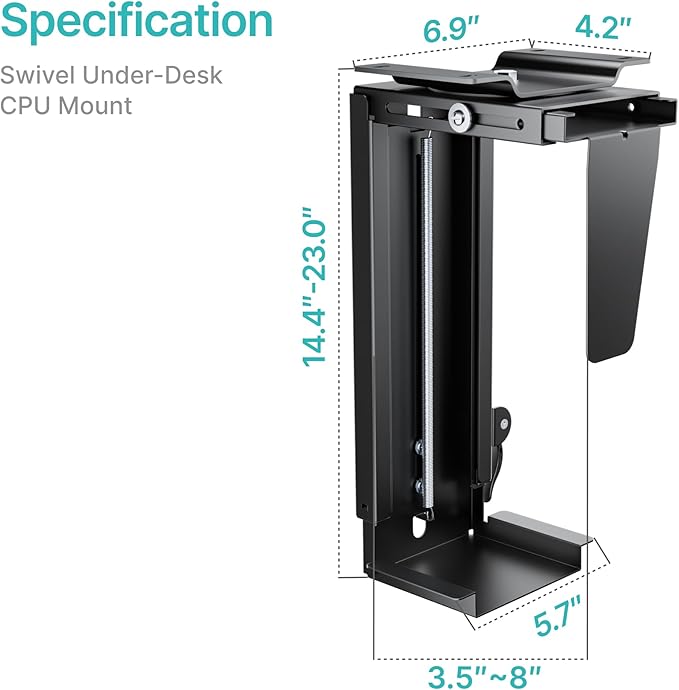 PEGZONE Adjustable Under Desk PC Mount, 3.5 to 8 Inch Wide Computer Tower Holder with Locking Handle,360 Degree Swivel Adjustable Height and Width, Black