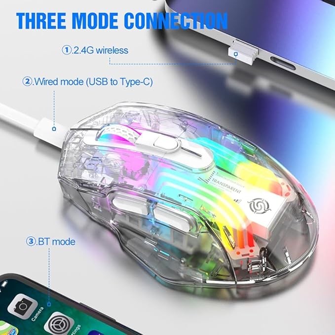 Bluetooth Wireless Mouse,Tri-Mode 2.4G/USB-C, Up to 3600 DPI,Transparent Mechanical Gaming Mouse,Chroma RGB Backlit, Must-Have Cool USB Computer Mouse for Gaming and Esports (Black)