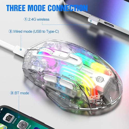 Bluetooth Wireless Mouse,Tri-Mode 2.4G/USB-C, Up to 3600 DPI,Transparent Mechanical Gaming Mouse,Chroma RGB Backlit, Must-Have Cool USB Computer Mouse for Gaming and Esports (Black)