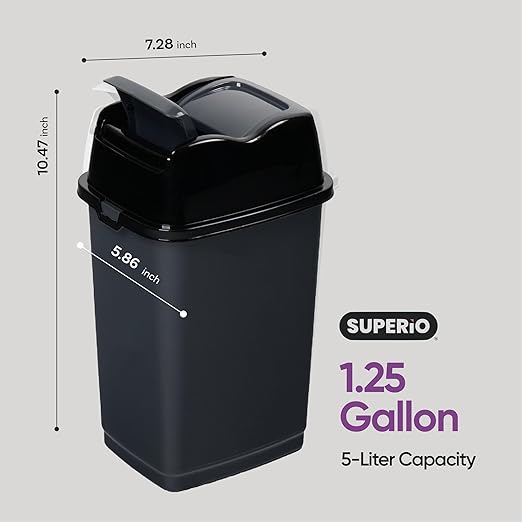 Garbage Cans with Swing Top-Split Lids, 2 Pack | Small Trash Cans with Lids | Durable Plastic | Slim & Sturdy Trash Bins | Fingerprint Resistant | 1.25 Gallon / 5 qt / 5 L – Grey | Superio Brand