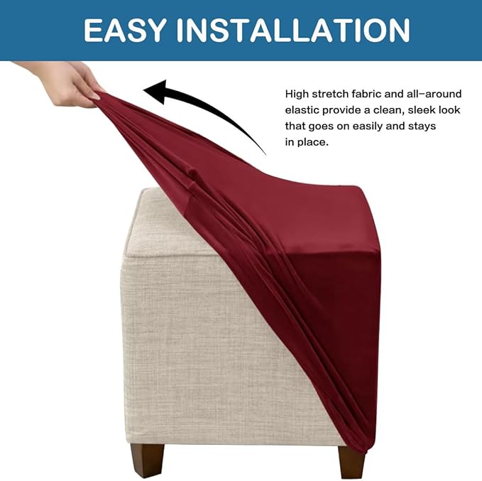Ottoman Cover Square Velvet Ottoman Covers Protector for Footrest Foot Stool Furniture Stretch Comfortable with Elastic Bottom Large Wine Red
