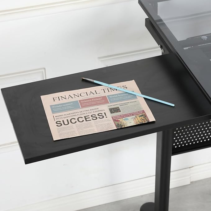 Adjustable Height Drafting Table with Storage Drawers & Stool for Adults, Glass Art Desk with Side Storage Strips, Drawing Table with Tilted Tabletop for Art Office Study (Black+Glass B)