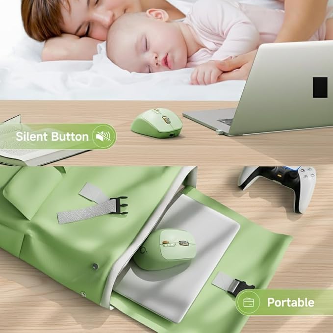 EWEADN Q5 Wireless Mouse, Bluetooth & 2.4G Quiet Computer Mouses with Battery Level Display, 1600 DPI, Ergonomic Office Mouse, 6 Button Portable Cute Computer Mouse for Laptop/PC/Mac - Green