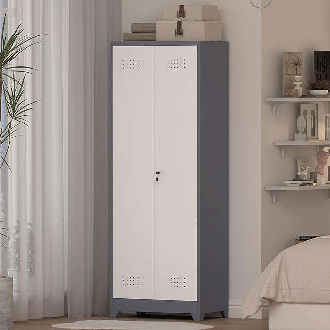 IRONFFICE Metal Storage Cabinet with Lock,65" H Laundry Room Cabinets with Pegboard,Locking Metal Cabinet Heavy Duty for Garage Office,School,Warehouse,Grey-White