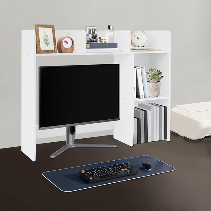 Desk Hutch with 6 Shelves Desktop Bookshelf Multi-Functional Desktop Organizer 3 Tire Desk Storage Shelf for Home Office (White)