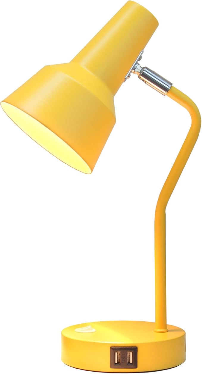 Simple Designs LD1072-YLW 15.2" Sleek Essentials Metal Cone Shade Desk Lamp with Adjustable Shade and Dual USB Ports, for Office, Desk, Nightstand, Dorm, Yellow