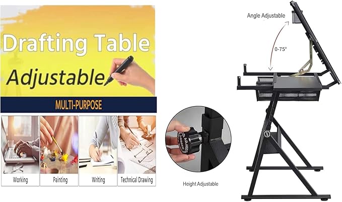 Adjustable Drawing Table for Artists | Drafting Desk with Tilted Glass Top | Art & Craft Table for Adults (Black, Classic Pro-27.16''- 35.82'' H)