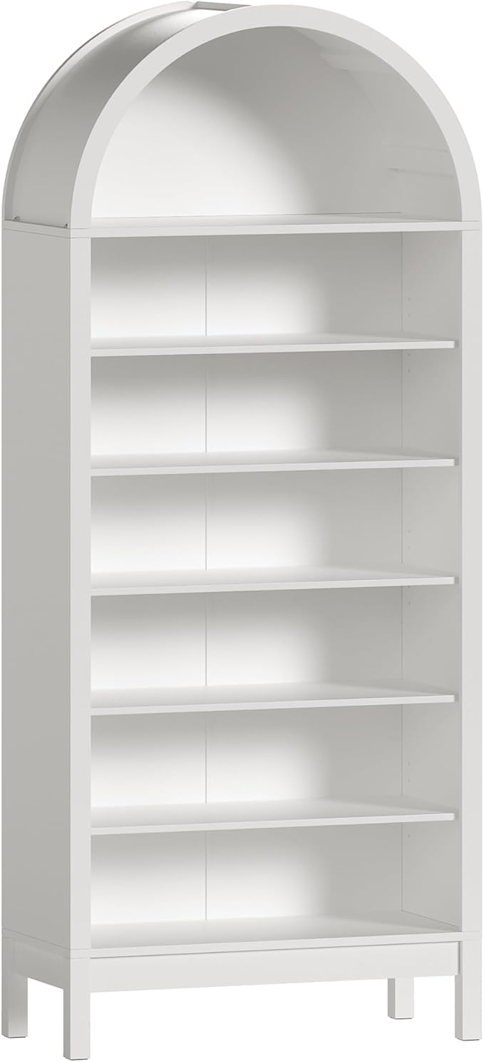 Wodeer Tall Arched Bookshelf, 7-Tier Bookcase with 3 Adjustable Shelves, Modern Farmhouse Storage Shelf for Living Room, Entryway, Office, 29.5" W x 70.1" H x 13.8" D, White