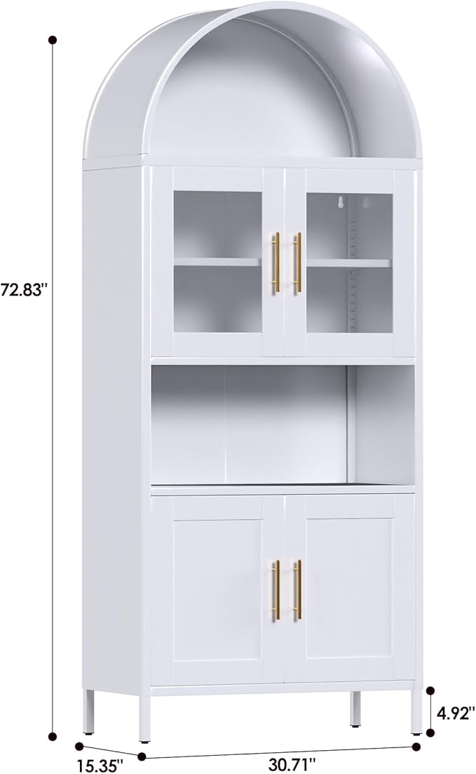 VEXPOR 73" Tall Arched Kitchen Pantry Cabinet with Doors, Metal Arched Hutch Cabinet for Kitchen, Dining Room, Living Room, Assembly Required, White