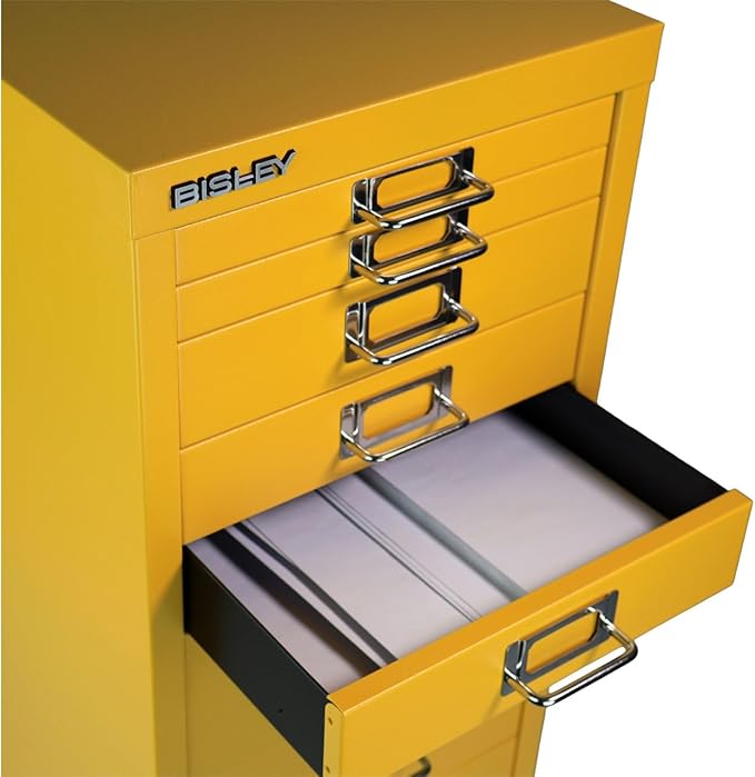 Bisley 8-Drawer Steel MultiDrawer Cabinet - Golden Sunflower Yellow, Chrome Pull Handles with Label Holders, Powder-Coated Steel, Removable Drawers, Fits Under Most Desks, Labels Included