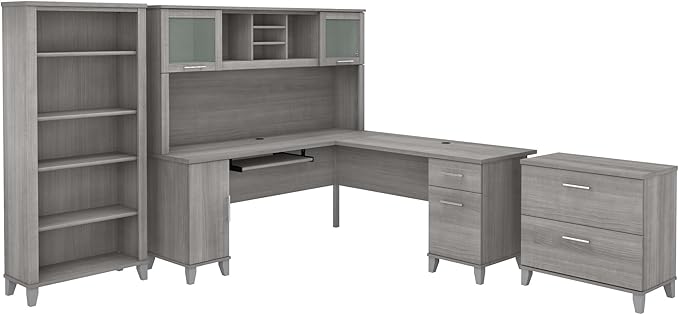 Bush Furniture Somerset 72W L Shaped Desk with Hutch, Lateral File Cabinet and Bookcase in Platinum Gray | Computer Table for Home Office