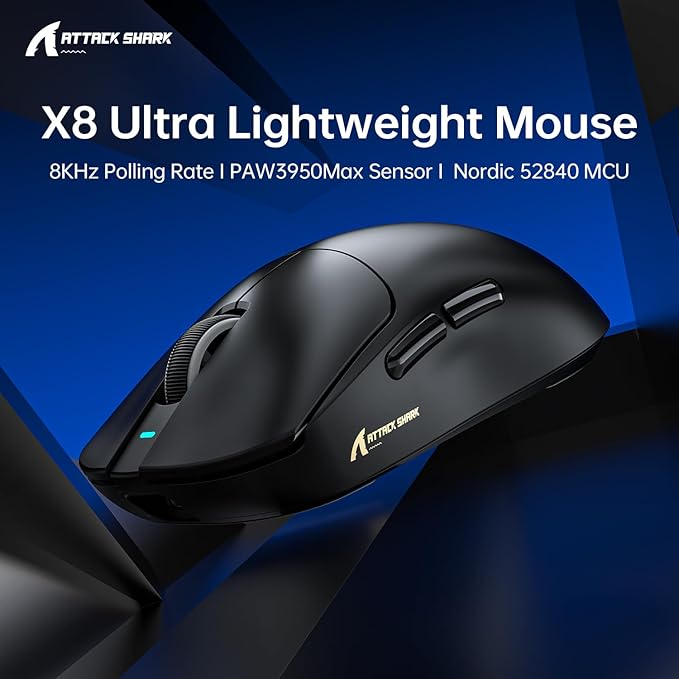 ATTACK SHARK X8 Ultra Wireless Gaming Mouse,55g Ultra-Lightweight BT/2.4GHz Wireless/Wired Mouse,8K Polling Rate,PixArt PAW3950MAX Sensor,42000 DPI,Gamer Mice for PC/Win/Mac/Big Hand (Black)
