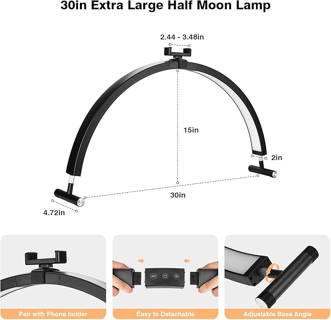 Mznoo Nail Light for Desk, 30'' LED Half Moon Lamp for Nail Techs, Manicure and Handicraft, Adjustable Color Modes and Brightness, with Phone Holder (Black)