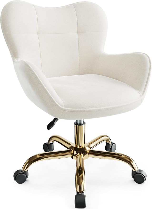 Vanity Chair with Wheels, Cute Home Office Desk Chairs Adjustable Height for Living Bedroom, Small Modern Fluffy Velvet Makeup Chair with Back for Girls (White)